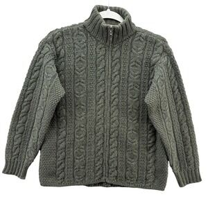 Aran Crafts Sweater Mens Small Green Wool Cable Knit Full Zip Cardigan Ireland